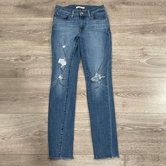 Levi’s 711 Skinny distressed mid rise ankle raw hem denim jeans W24 L30 - Picture 1 of 16